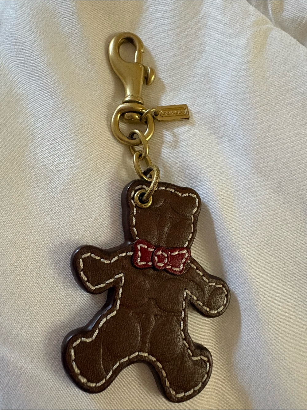 Coach Leather Teddy Bear Bag Charm Keychain Brown Red Brass Hangtag